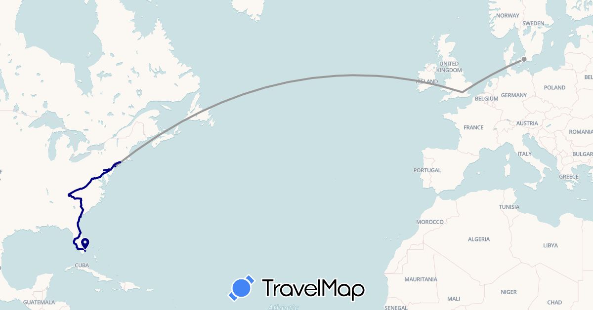 TravelMap itinerary: driving, plane, train in Denmark, United Kingdom, United States (Europe, North America)